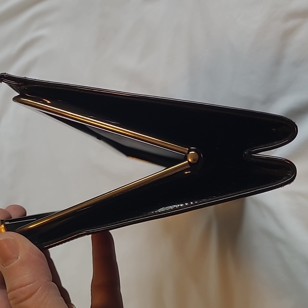 Vintage 50's Jackie O Style Black Patent Clutch/ Wrist Bag w/ Moveable Strap - Picture 8 of 13